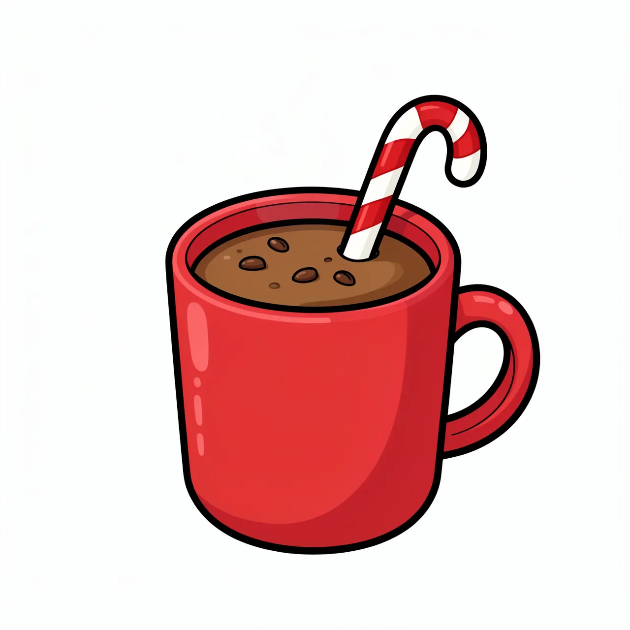 Cartoon illustration of a plain red mug filled with hot cocoa and a striped candy cane on a white background