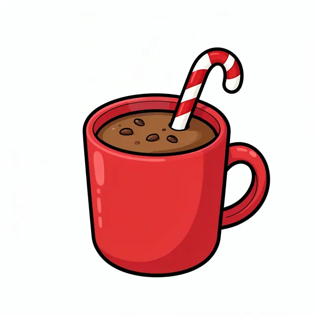 Cartoon illustration of a plain red mug filled with hot cocoa and a striped candy cane on a white background