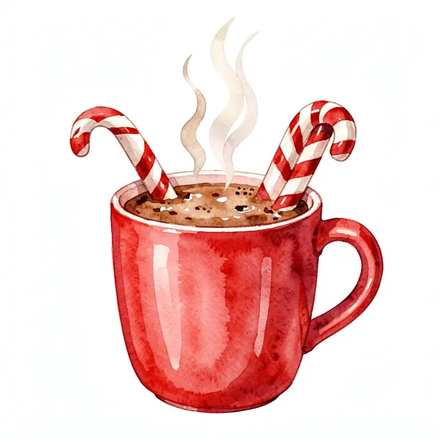 A watercolor illustration of a red mug of hot chocolate with candy canes and rising steam on a plain white background