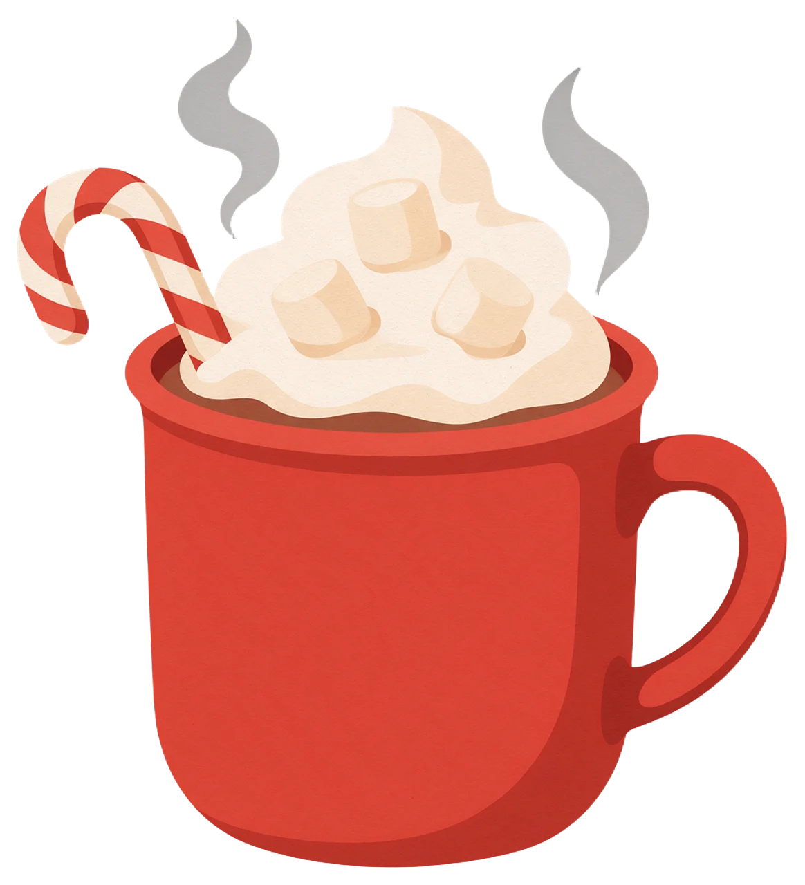 A red mug of hot cocoa topped with whipped cream, marshmallows, a candy cane and rising steam