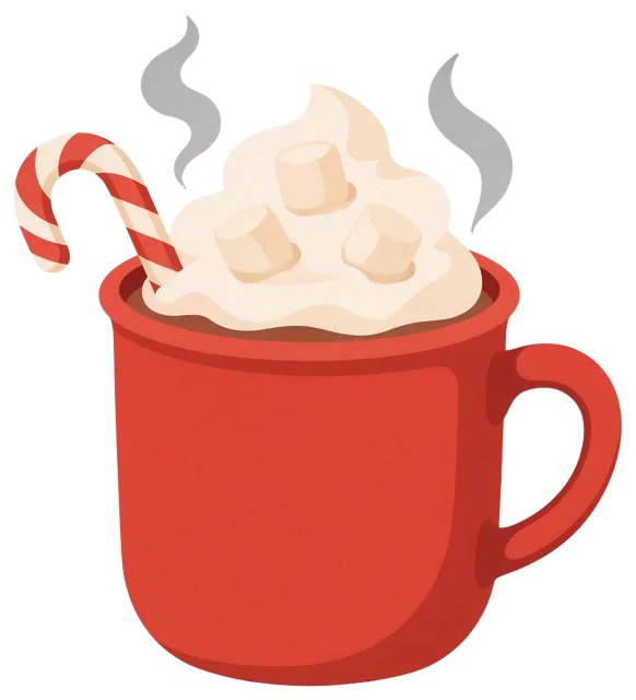 A red mug of hot cocoa topped with whipped cream, marshmallows, a candy cane and rising steam