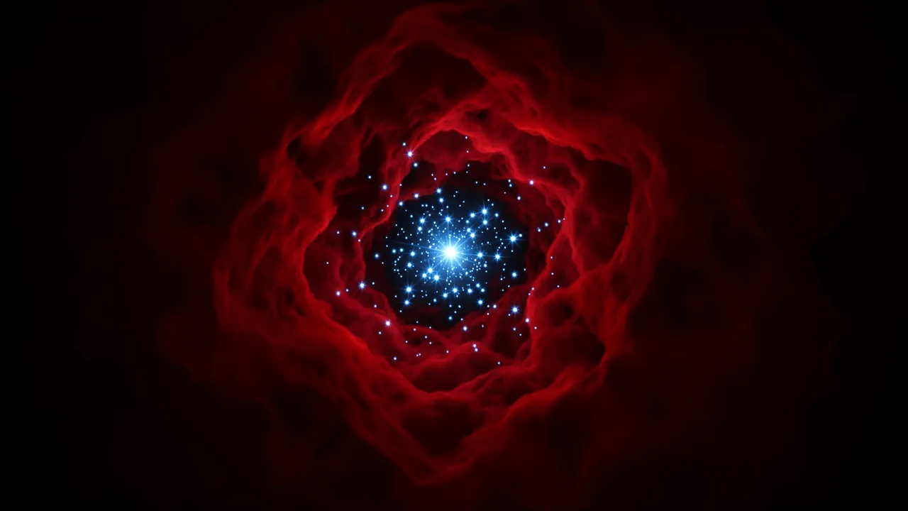 A swirling deep red nebula surrounds a bright glowing blue star cluster against dark space