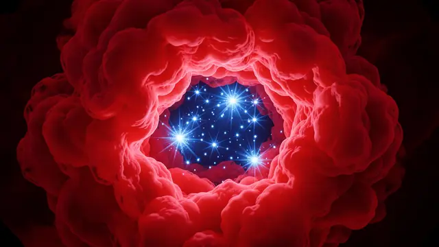 A glowing hollow carved into a red cosmic nebula surrounds a cluster of bright blue hot stars