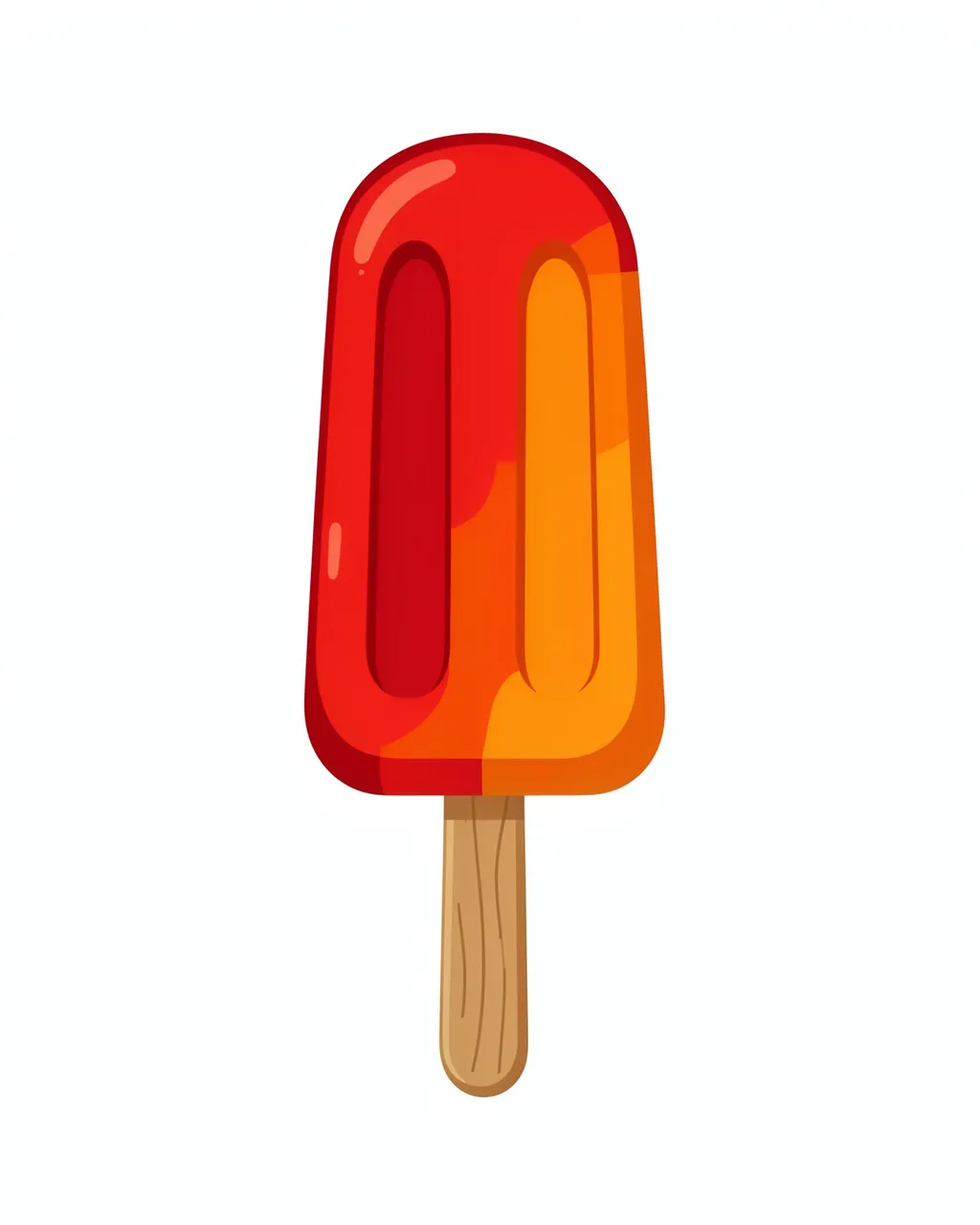 Flat cartoon illustration of a two-tone red and orange ice pop on a wooden stick, isolated on a plain white background.