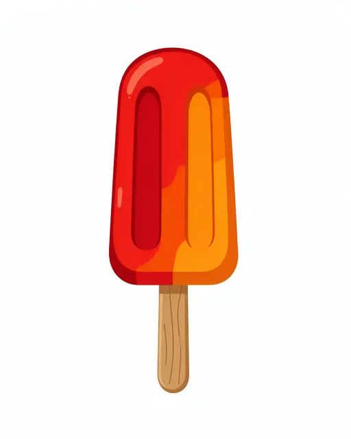 Flat cartoon illustration of a two-tone red and orange ice pop on a wooden stick, isolated on a plain white background.