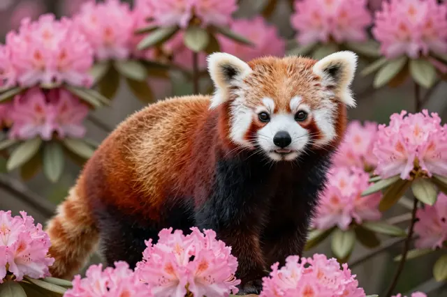 A red panda stands surrounded by blooming pink rhododendron flowers looking toward the camera.