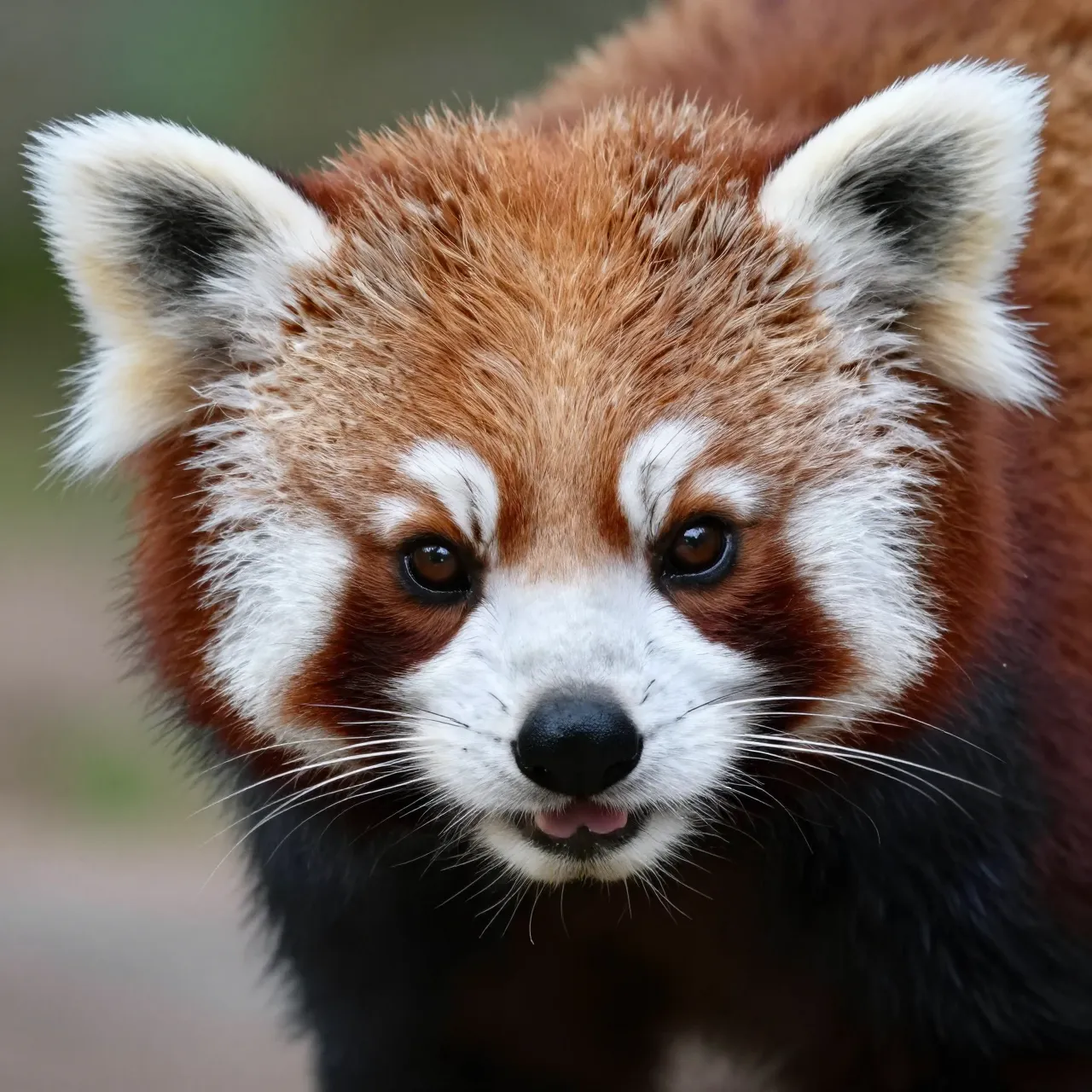 Close up headshot of a red panda with distinct white facial markings looking directly at the camera
