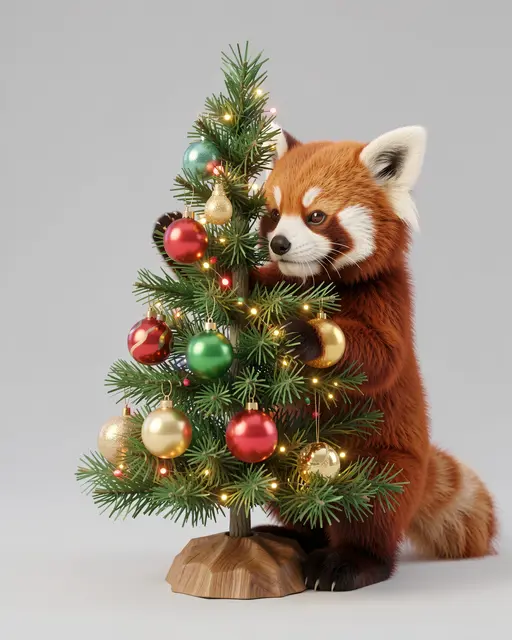 Cute fluffy red panda holds a bauble while decorating a small lit tabletop Christmas tree