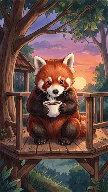 Cute red panda holds a steaming cocoa mug while sitting on a treehouse porch at dusk
