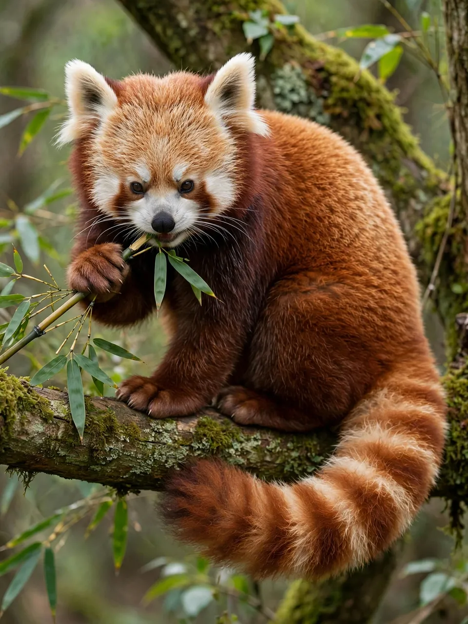 A russet red panda sits on a mossy tree limb holding and eating a leafy bamboo stem