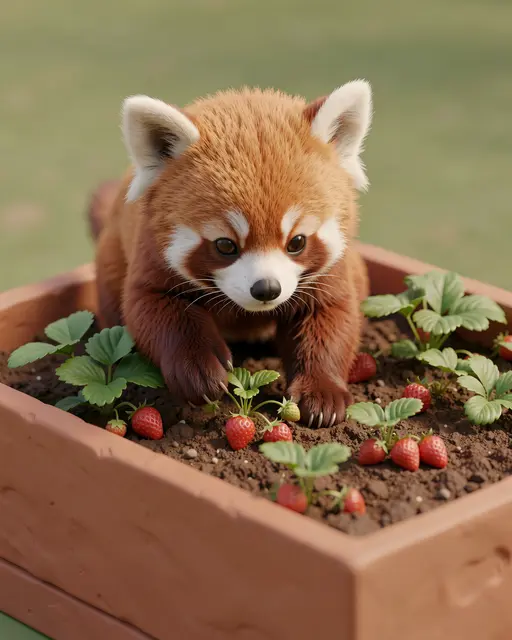 Fluffy red panda tends strawberry plants in a terracotta raised garden bed