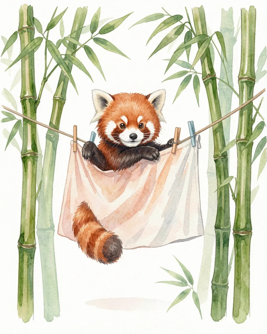 Soft watercolor illustration of a cute red panda peeking from laundry strung between bamboo stalks