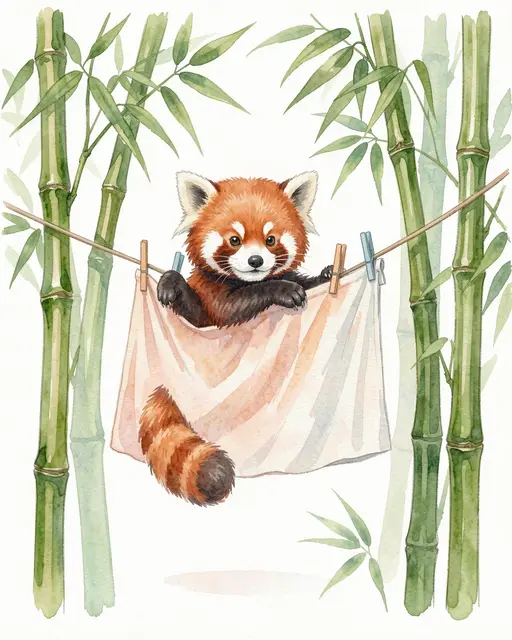 Soft watercolor illustration of a cute red panda peeking from laundry strung between bamboo stalks