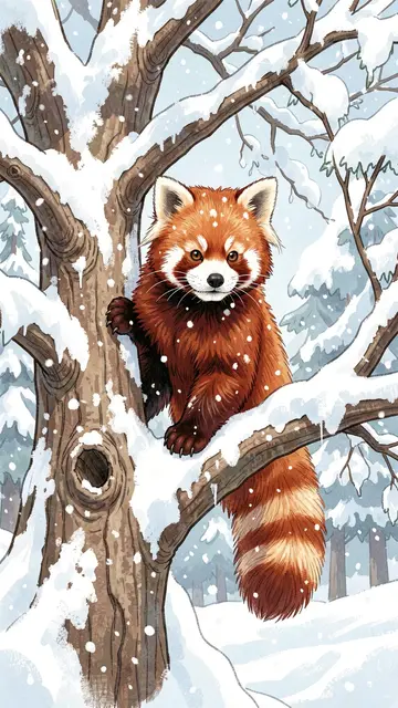 A fluffy red panda perches on a snow-covered tree branch as gentle snow falls.