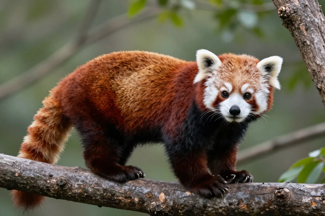 A red panda stands steadily on a thick tree branch facing the camera in a forest setting