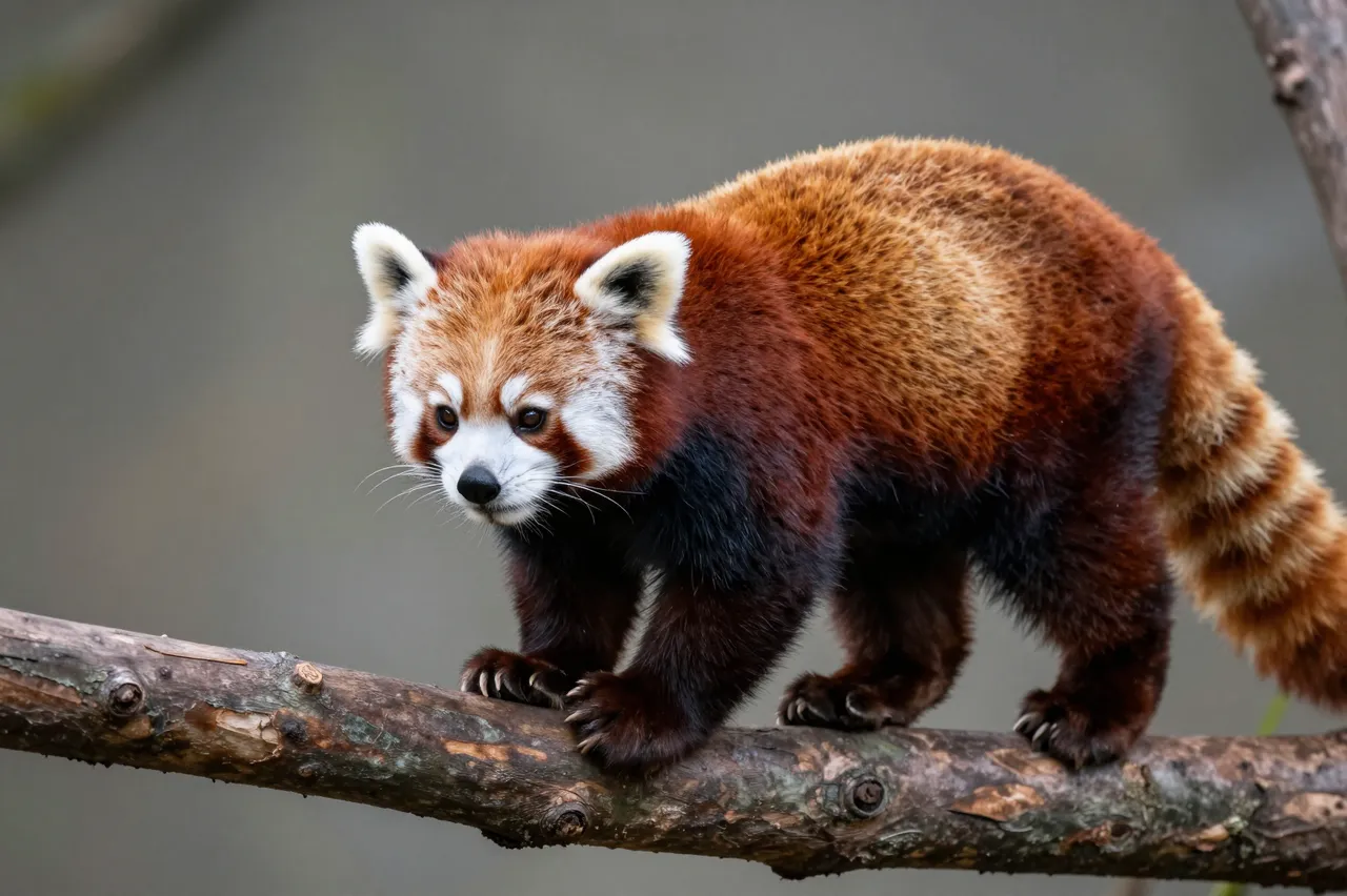 A red panda walks slowly along a thick textured tree branch, its ringed tail visible behind it.