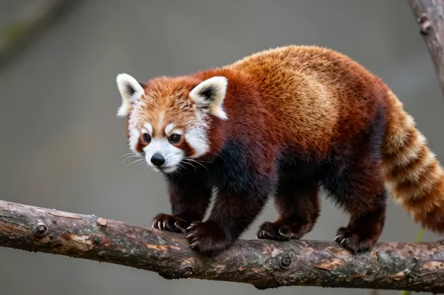 A red panda walks slowly along a thick textured tree branch, its ringed tail visible behind it.