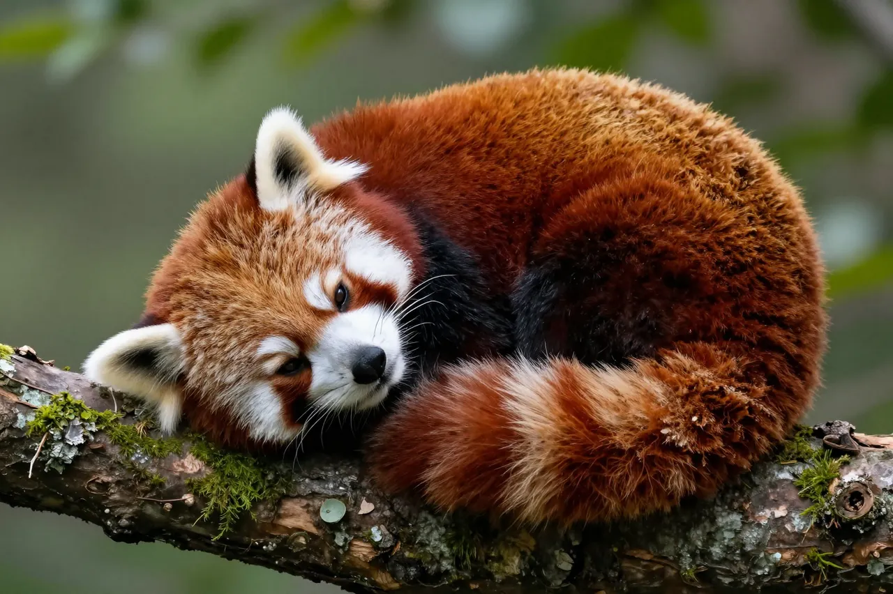 A fluffy red panda curled up resting on a lichen-covered mossy tree branch