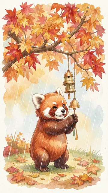Cute red panda cub rings brass wind bells under a maple tree in light autumn rain