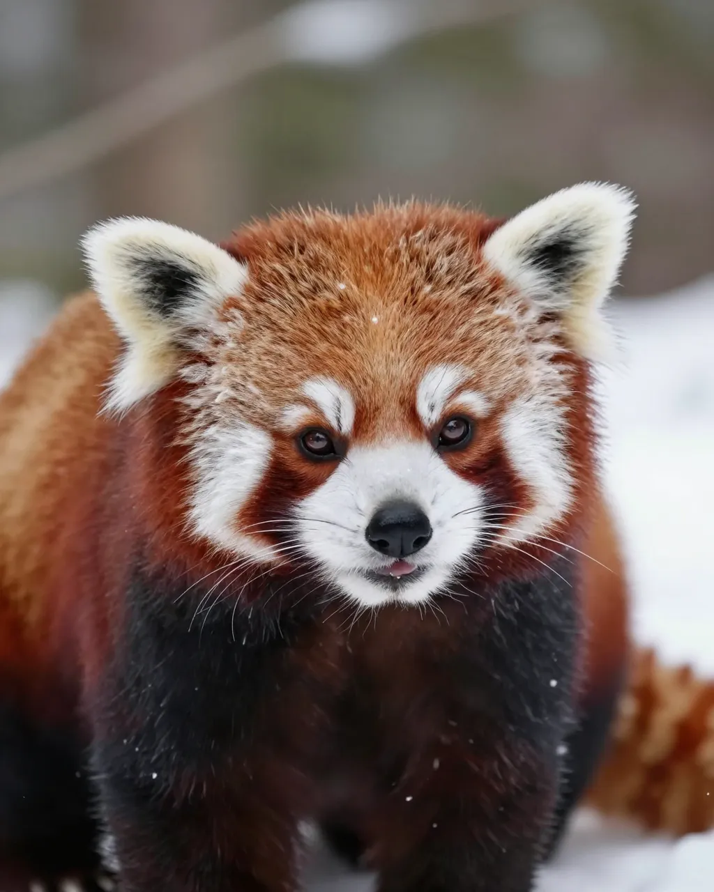 A close-up portrait of a red panda standing on snow in a blurred winter forest