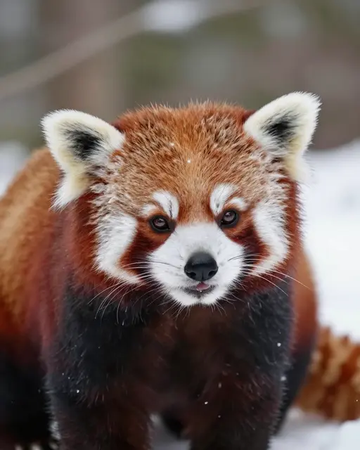 A close-up portrait of a red panda standing on snow in a blurred winter forest