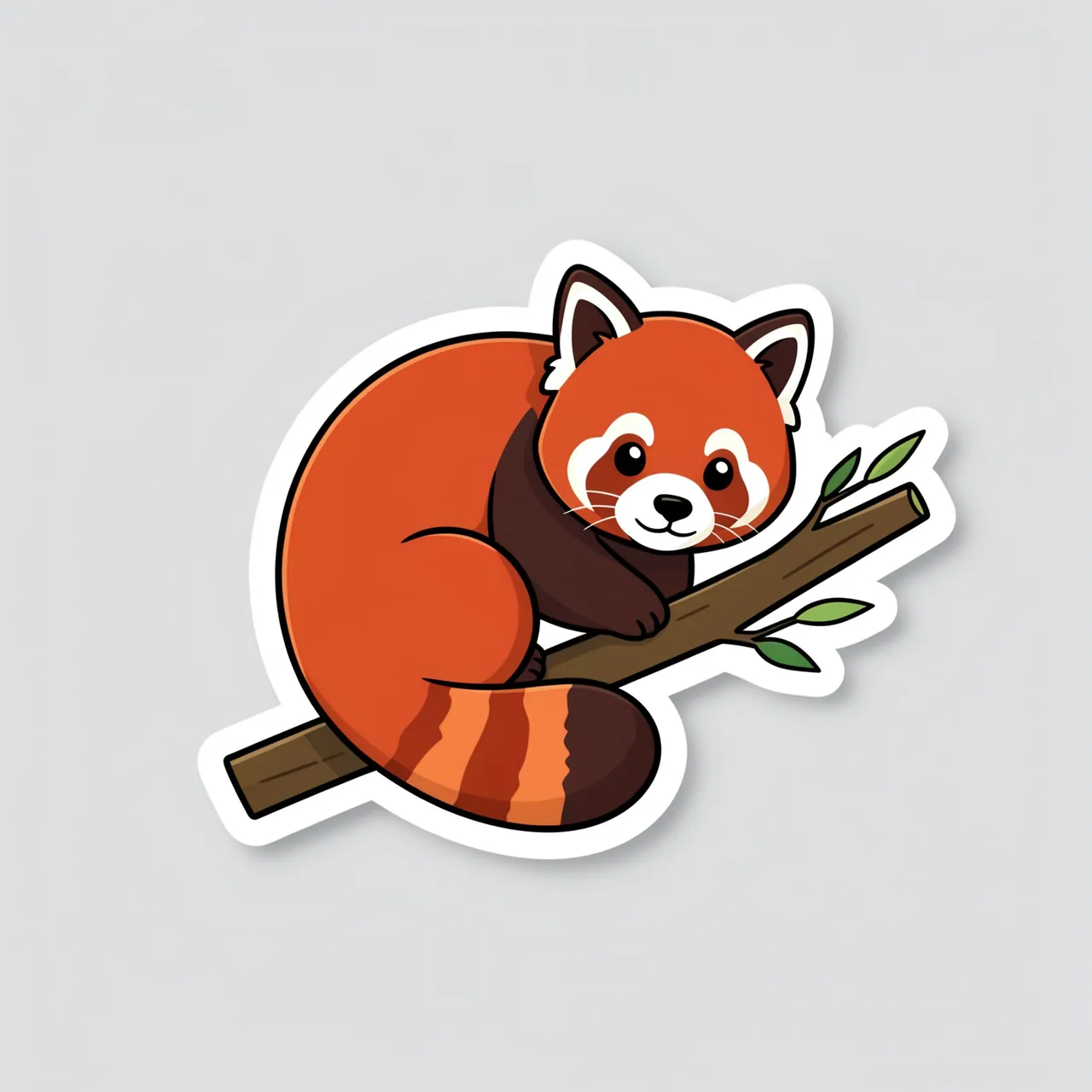 A die-cut sticker illustration of a cute curled red panda perched on a leafy branch against a light gray background