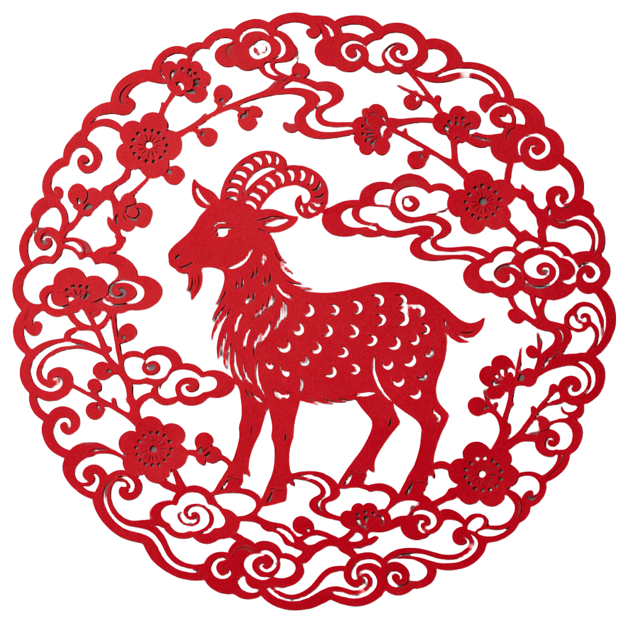 Intricate red paper cut of a profile goat framed by plum blossoms and swirling clouds in a round medallion