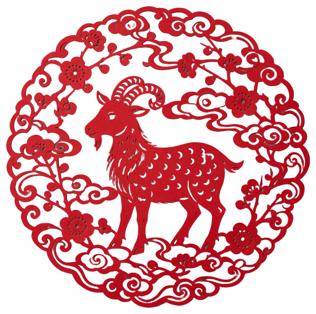 Intricate red paper cut of a profile goat framed by plum blossoms and swirling clouds in a round medallion