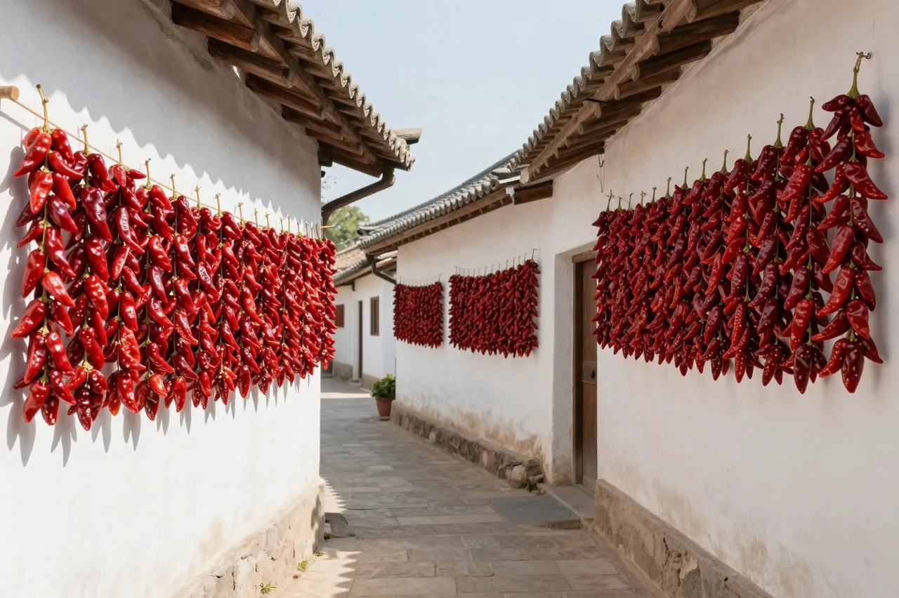 Strings of bright red chili peppers hang to dry on whitewashed village walls along a sunlit stone lane