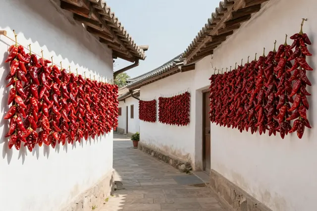 Strings of bright red chili peppers hang to dry on whitewashed village walls along a sunlit stone lane