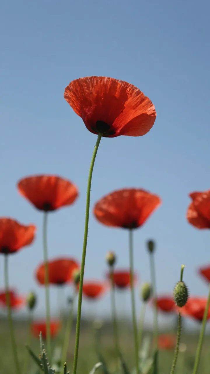 Low angle view of sharp foreground red poppy blooms above blurred poppies against a clear pale blue sky