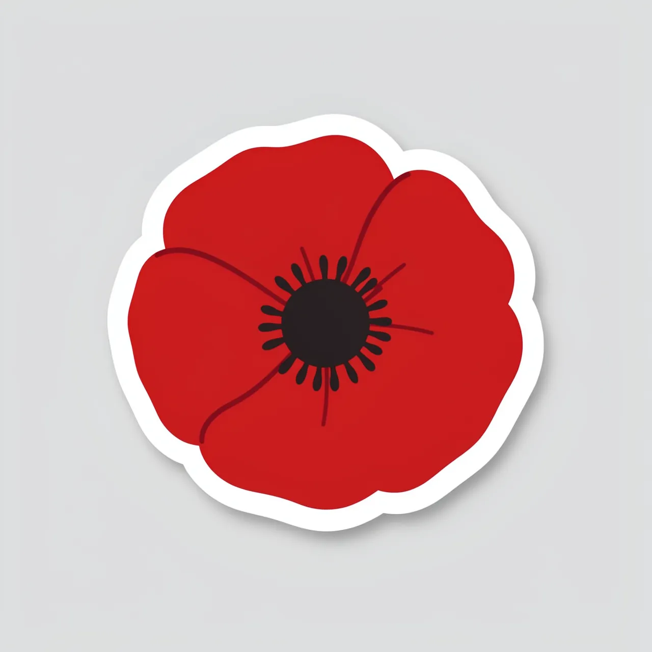 Flat illustrated red poppy sticker with a thick white border on a light gray background