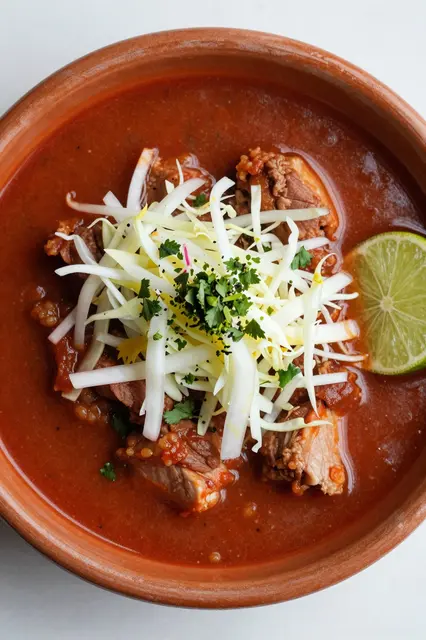 Overhead view of red pozole with pork, shredded cabbage, herbs and a lime wedge in a terracotta bowl