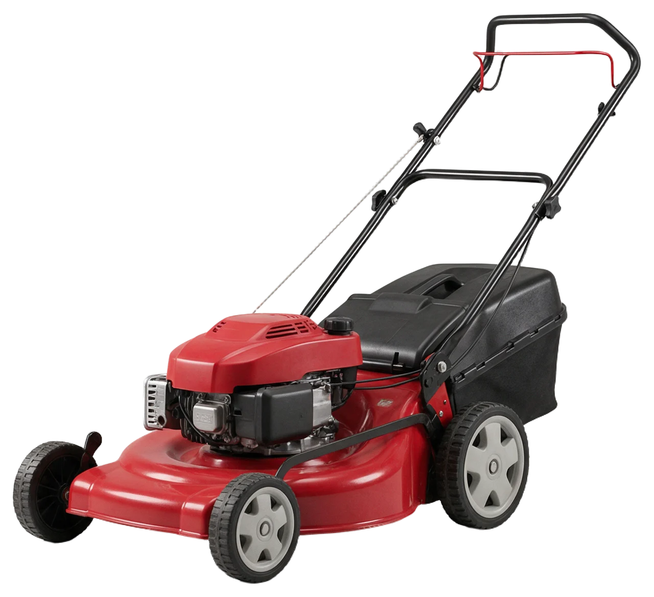 Side front view of a red push lawn mower with black handles and grass catcher.