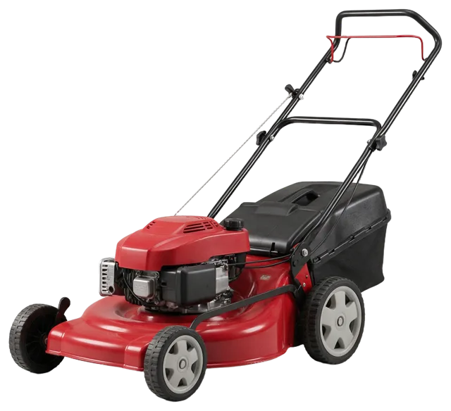 Side front view of a red push lawn mower with black handles and grass catcher.