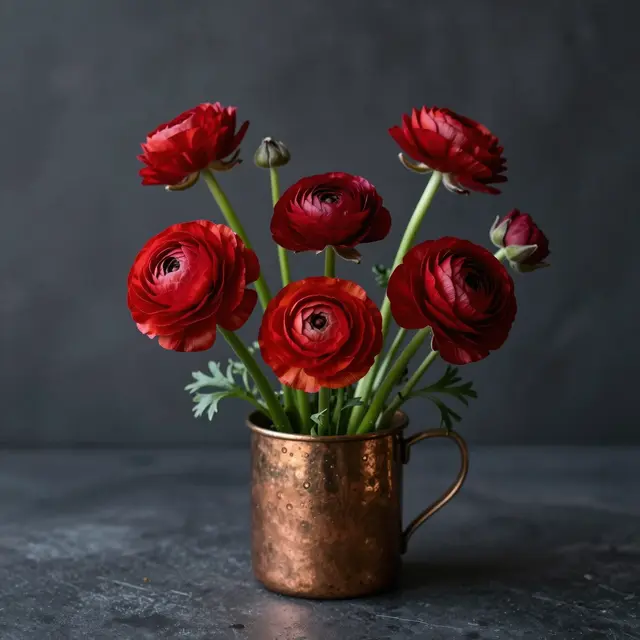 Vibrant red ranunculus blooms sit in a hammered copper mug against a dark charcoal still life backdrop