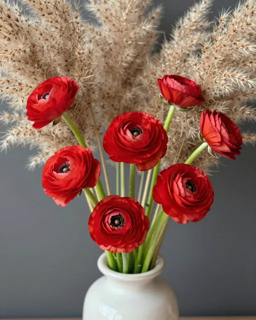 A bouquet of bright red ranunculus and dried pampas grass arranged in a white ceramic vase