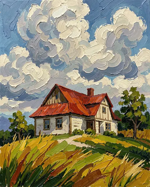 Thick impasto oil painting of a red roof farmhouse on a grassy hill under swirling summer clouds