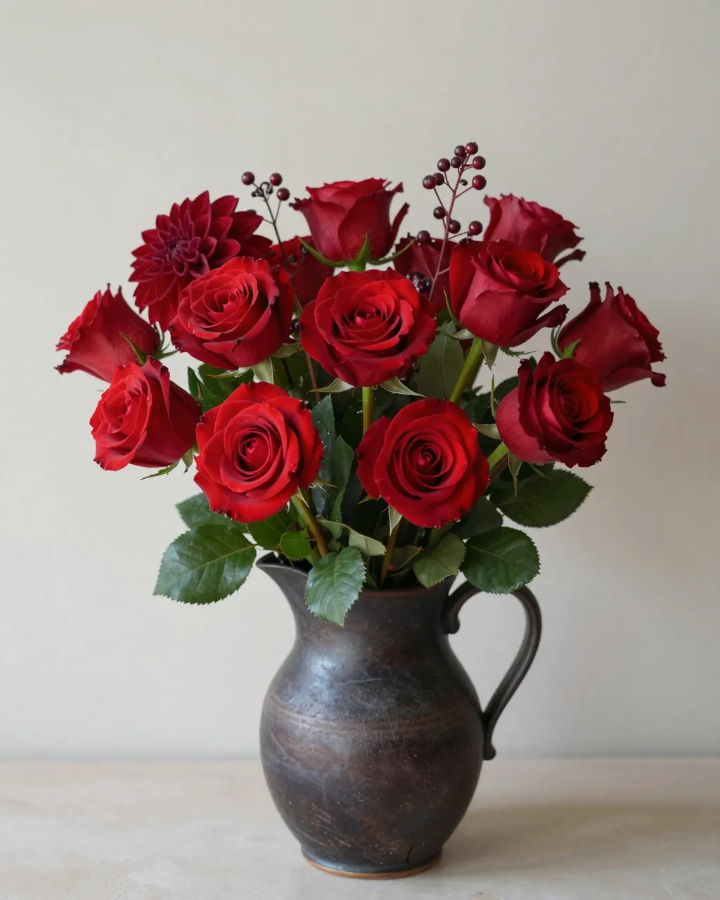 A full arrangement of red garden roses, dahlias and berry sprigs sits in a dark stoneware pitcher on a light tabletop.