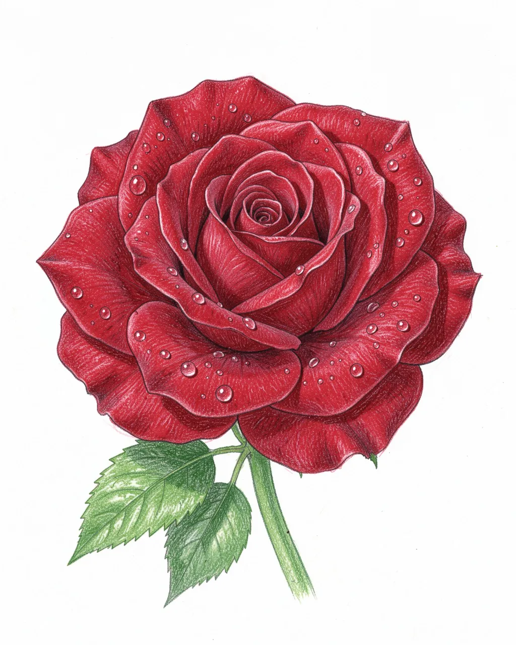 Detailed colored pencil illustration of a deep red rose with dewdrops on white paper