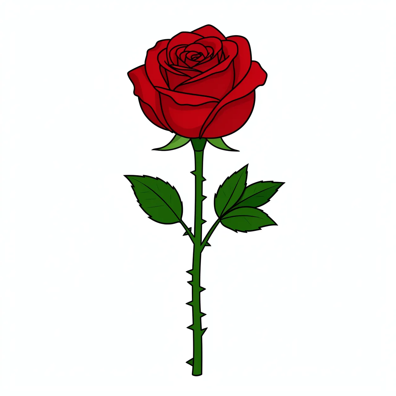 Flat clipart of a single red rose with thorny green stem isolated on a white background
