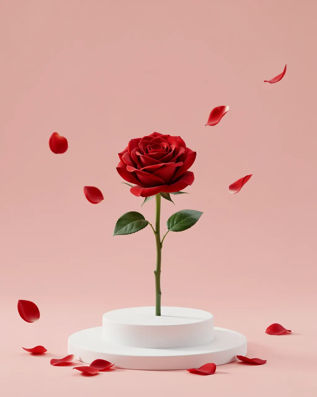 A single red rose sits on a tiered white pedestal with falling petals against a blush pink background.