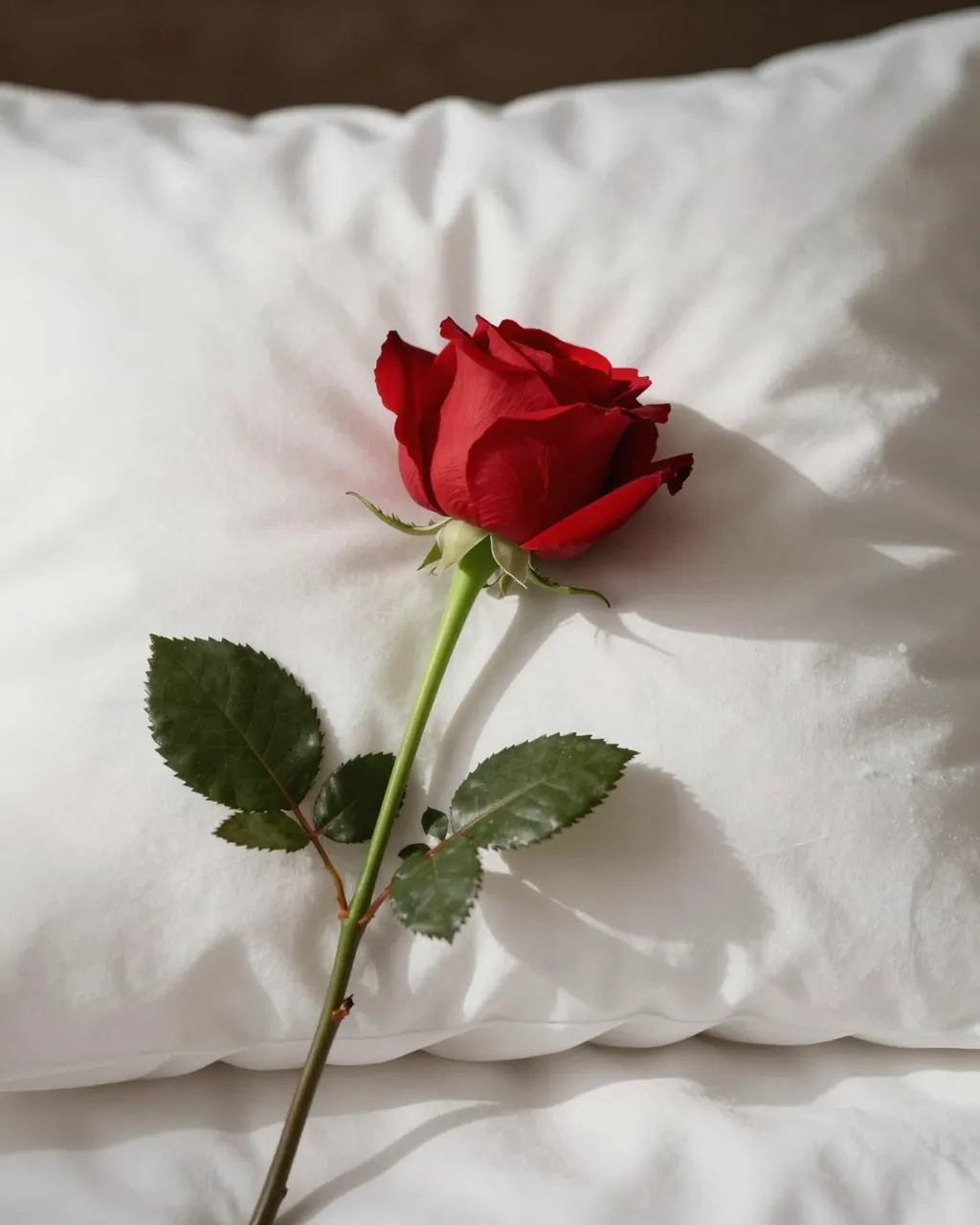 A single red rose rests on a soft white pillow lit by warm morning sunlight.
