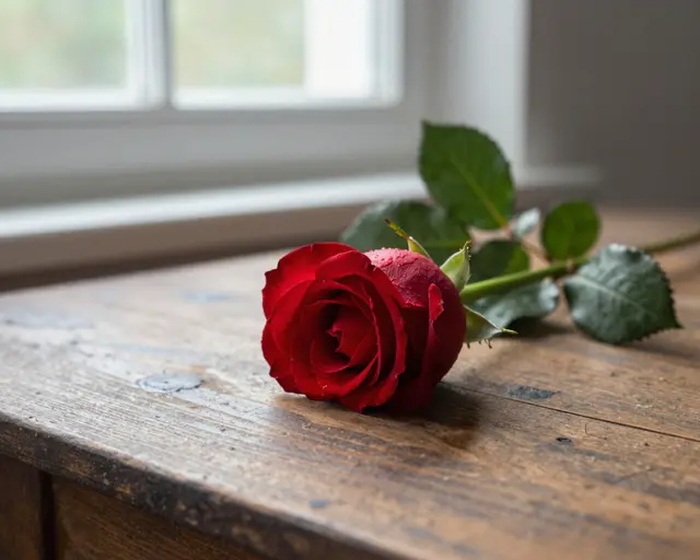 A dewy red rose lies on a worn old wooden table beside a sunlit interior window.