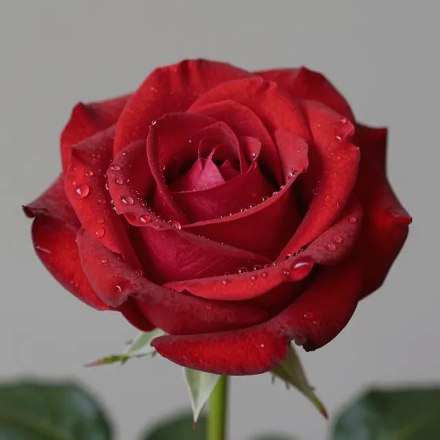 Close-up of a deep red rose bloom covered in clear water droplets against a soft gray background