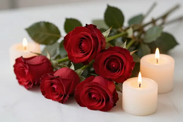 A bouquet of deep red roses sits next to three lit cream tealight candles on a light table surface.