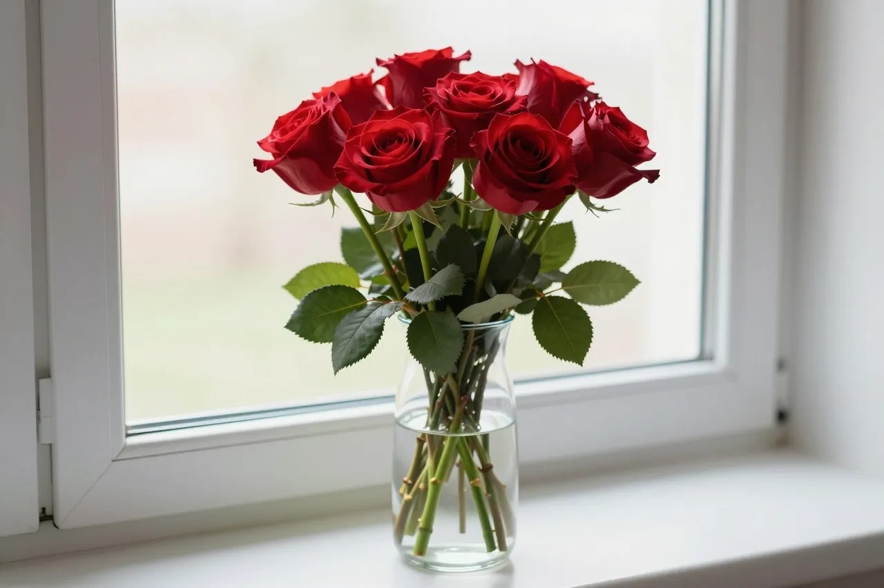 A bouquet of red roses in a clear glass vase sits on a white windowsill beside a bright window.