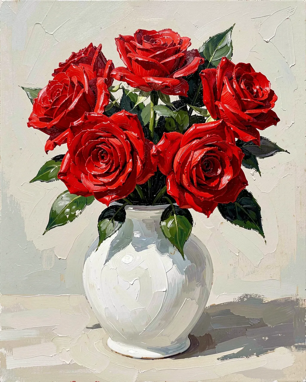 Thick impasto palette knife oil painting of vivid red roses arranged in a rounded white porcelain vase.