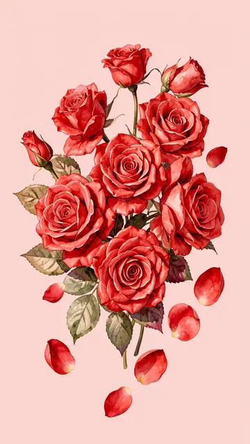 Watercolor illustration of a red rose bouquet with scattered petals on a solid blush pink background