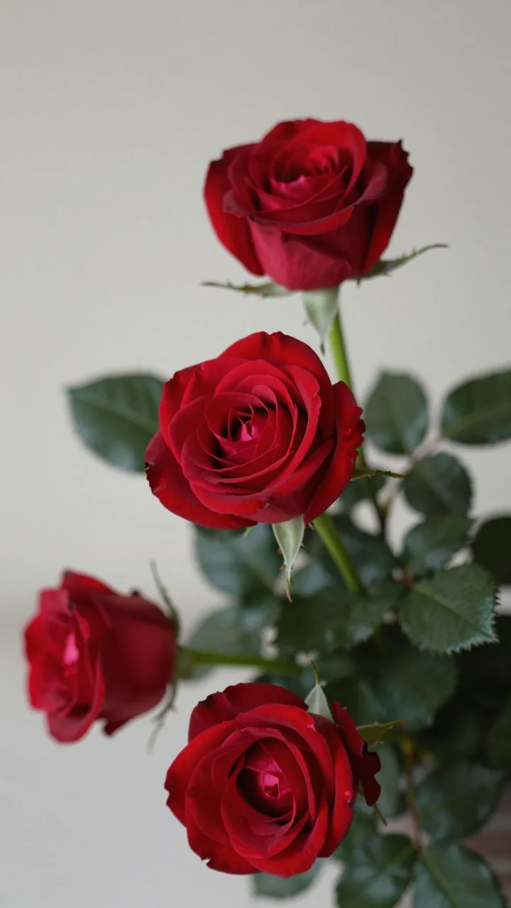 Four deep red roses arranged vertically against a plain neutral background in soft light